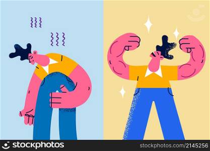 Unhappy sick man and smiling healthy on contrary. Upset ill male and happy energetic one before and after treatment. Healthcare and medicine, positive attitude. Flat vector illustration. . Unhappy sick man and happy healthy one