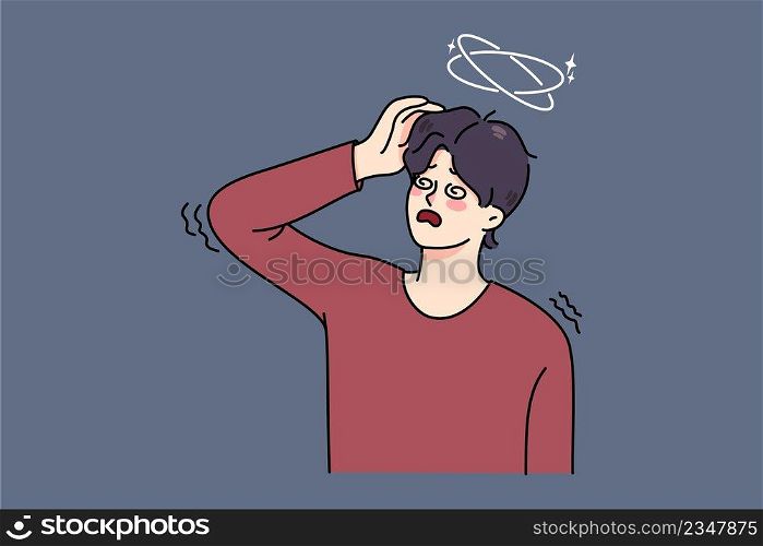 Unhappy sick man feel unwell suffer from dizziness or blurry vision. Ill guy struggle with health problems. Male faint or lose consciousness. Flat vector illustration, cartoon character. . Sick man struggle with dizziness feel unwell 