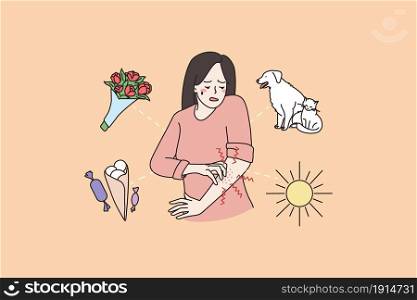 Unhappy sick woman scratch itch body suffer from seasonal allergy. Unwell girl struggle with itchy skin, inflammation. Eczema or atopic dermatitis, skincare problem concept. Vector illustration. . Unhealthy woman itch skin suffer from allergy
