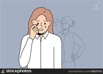 Unhappy stressed female employee cry suffer from harassment or bullying in office. Distressed woman worker struggle with job misunderstanding or crisis. Vector illustration. . Stressed woman employee suffer from work bullying 