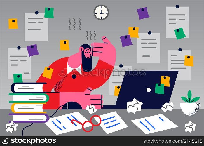 Unhappy stressed male employee sit at desk overwhelmed with work deadline and tasks in office. Frustrated tired man worker overwork at workplace. Fatigue and job stress. Vector illustration. . Tired male employee overwhelmed with work tasks