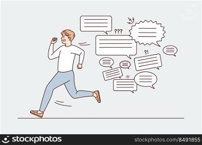 Unhappy stressed man running from messages and text notices. Anxious guy quit notifications feel annoyed and overwhelmed with spam. Vector illustration. . Stressed man running form message notifications 