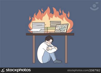 Unhappy stressed man under table frustrated by work burning desk have deadline in office. Upset businessman or employee distressed with job burnout. Stress concept. Vector illustration. . Unhappy man under desk stressed with work burnout