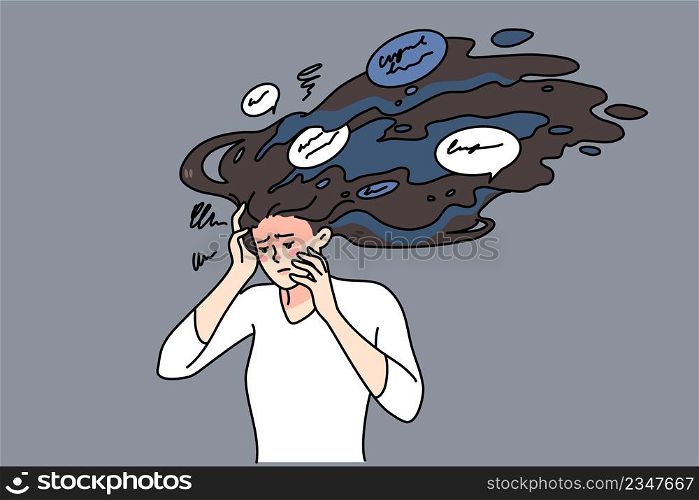 Unhappy stressed woman with paranoid thoughts in mind. Upset distressed girl suffer from panic stressful ideas, have psychological mental problems. Counseling concept. Vector illustration. . Stressed woman suffer with paranoid thoughts