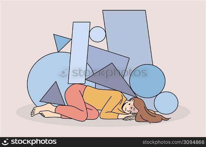 Unhappy stressed young woman immobile under life troubles burden. Upset girl distressed with psychological or mental problems. Depression and stress concept. Vector illustration. . Stressed woman struggle with life problems