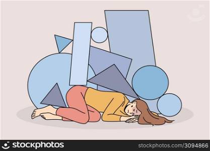 Unhappy stressed young woman immobile under life troubles burden. Upset girl distressed with psychological or mental problems. Depression and stress concept. Vector illustration. . Stressed woman struggle with life problems