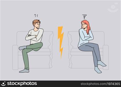 Unhappy stubborn couple sit separate on cut couch have family fight or quarrel. Angry mad man and woman lovers avoid ignore talking. Cheating and breakup, divorce concept. Vector illustration. . Unhappy couple sit separately after family fight