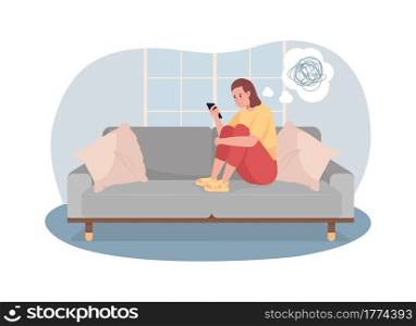 Unhappy teen girl look at phone screen 2D vector isolated illustration. Adolescent kid with depressing thoughts at home flat characters on cartoon background. Teenager problem colourful scene. Unhappy teen girl look at phone screen 2D vector isolated illustration
