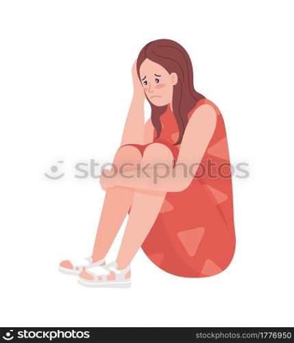 Unhappy teenager girl semi flat color vector character. Sitting figure. Full body person on white. Teen problems isolated modern cartoon style illustration for graphic design and animation. Unhappy teenager girl semi flat color vector character
