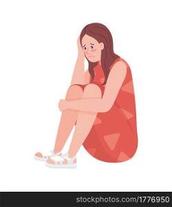 Unhappy teenager girl semi flat color vector character. Sitting figure. Full body person on white. Teen problems isolated modern cartoon style illustration for graphic design and animation. Unhappy teenager girl semi flat color vector character