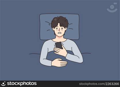 Unhappy tired man lying in bed suffer from insomnia use cellphone device. Upset exhausted guy struggle on sleepless night brose smartphone. Sleeping problem concept. Vector illustration.. Tired man lying in bed suffer from insomnia