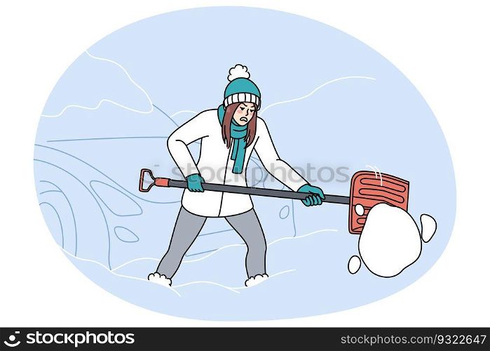 Unhappy tired woman with shovel dig out car from snow on winter morning. Mad female clean automobile covered with snow after blizzard. Stormy weather condition. Vector illustration.. Unhappy woman dig car from snow in winter