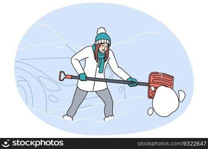 Unhappy tired woman with shovel dig out car from snow on winter morning. Mad female clean automobile covered with snow after blizzard. Stormy weather condition. Vector illustration.. Unhappy woman dig car from snow in winter