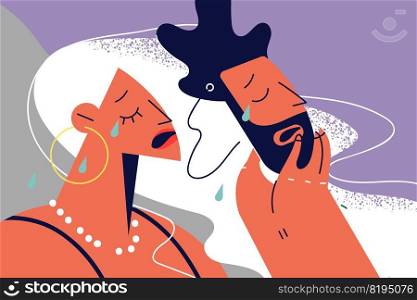 Unhappy transgender woman taking off man mask suffer from personality disorder. Upset trans female struggle with society rejection. Vector illustration.. Unhappy transgender woman taking off man mask