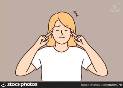 Unhappy woman close ears suffer from loud noise. Upset girl feel distressed hearing noisy sound. Vector illustration. . Unhappy woman close ears hearing loud noise 