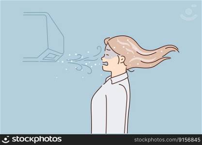 Unhappy woman feel cold standing in front of air conditioner. Frozen girl distressed with cold wind from conditioning device. Vector illustration. . Unhappy woman freeze near air conditioner