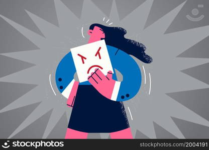 Unhappy woman hold paper placard with angry emoticon show discontent and dissatisfaction. Upset girl demonstrate banner with sad distressed mad face expression or emoji. Vector illustration. . Unhappy woman hold paper with angry emoticon