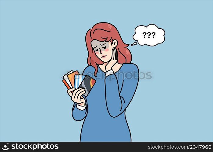 Unhappy woman holding credit cards feel confused with bank loan. Upset female client with deposit card distressed with bankruptcy or financial problems. Flat vector illustration. . Unhappy woman hold credit cards feeling confused 