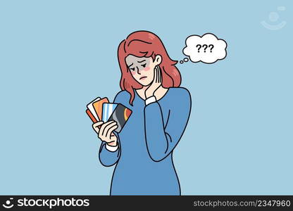 Unhappy woman holding credit cards feel confused with bank loan. Upset female client with deposit card distressed with bankruptcy or financial problems. Flat vector illustration. . Unhappy woman hold credit cards feeling confused 