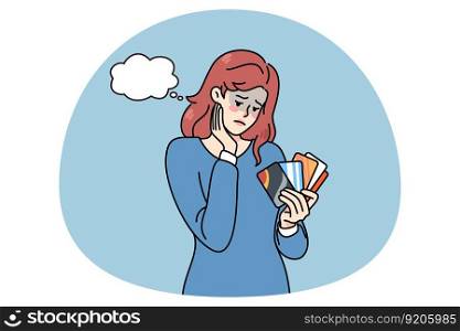 Unhappy woman holding credit cards feel confused with bank loan. Upset female client with deposit card distressed with bankruptcy or financial problems. Flat vector illustration.. Unhappy woman hold credit cards feeling confused