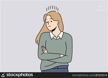 Unhappy woman look in distance thinking and brainstorming. Distressed girl feel upset and frustrated frowning and worrying. Vector illustration. . Unhappy woman feel upset frowning 