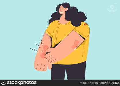 Unhappy woman scratch itch arm suffer from seasonal allergy. Distressed upset girl struggle with psoriasis or atopic dermatitis, have skin problems. Skincare, healthcare. Flat vector illustration. . Unhappy woman itch skin suffer from allergy
