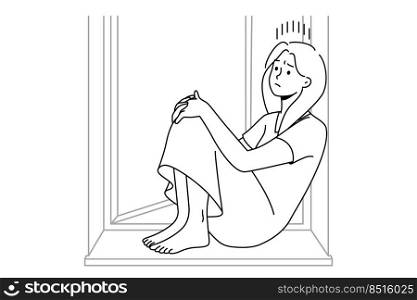 Unhappy woman sit on windowsill suffer from loneliness or solitude. Upset sad girl struggle with depression or mental psychological problems. Vector illustration. . Unhappy woman sit on windowsill suffer from solitude 