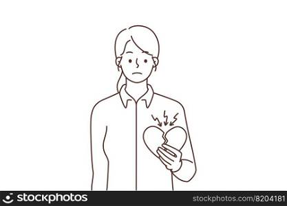 Unhappy woman stand holding broke heart suffer from breakup. Upset female struggle with separation or split. Relationship end. Vector illustration. . Unhappy woman with broken heart 