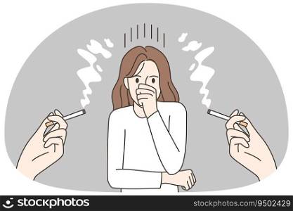 Unhappy woman suffer from people smoking near her. Upset unhealthy female passive smoker have effect of cigarettes. Bad habit. Vector illustration.. Unhappy woman suffer from passive smoking