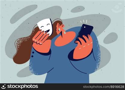 Unhappy woman take off face mask cry suffer from bullying online. Upset desperate female hide emotions struggle with harassment on internet. Vector illustration. . Crying woman take off mask suffer from internet bullying 