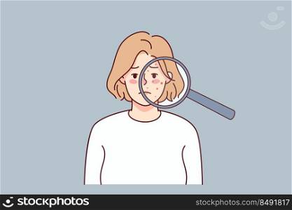 Unhappy woman with acne on face under magnifying glass. Upset young female suffer from skincare problems. Dermatology and cosmetology. Vector illustration. . Unhappy woman with acne on face skin