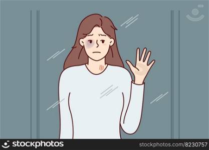 Unhappy woman with black eye looks in mirror or out window. Girl suffers after getting bruise from domestic violence and needs help and support of friends or psychotherapist. Flat vector image. Unhappy woman with black eye from domestic violence looks in mirror. Vector image