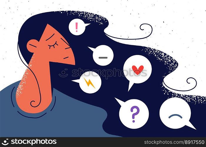 Unhappy woman with emojis in hair suffer from mood swings. Upset girl feel emotional distressed with psychological or mental problems. Vector illustration. . Unhappy woman with emojis in hair 
