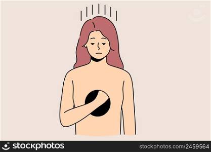 Unhappy woman with hole in body suffer from depression and psychological disorder. Upset sad girl feeling empty inside having mental problems. Healthcare concept. Vector illustration. . Unhappy woman with hole inside suffer from depression 