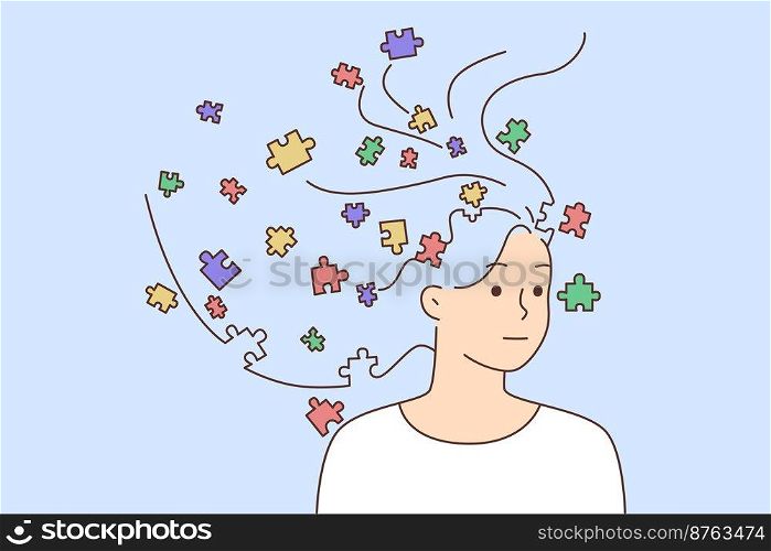 Unhappy woman with puzzles in head suffer from personality disorder. Distressed female rebuild personality with jigsaw pieces. Mental recovery and healthcare. Vector illustration. . Unhappy woman rebuild personality with puzzles 