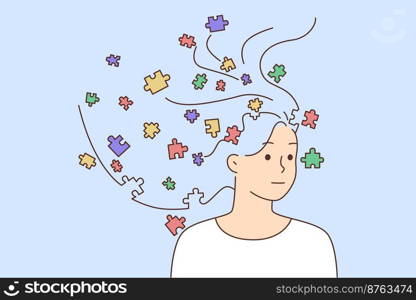 Unhappy woman with puzzles in head suffer from personality disorder. Distressed female rebuild personality with jigsaw pieces. Mental recovery and healthcare. Vector illustration. . Unhappy woman rebuild personality with puzzles 