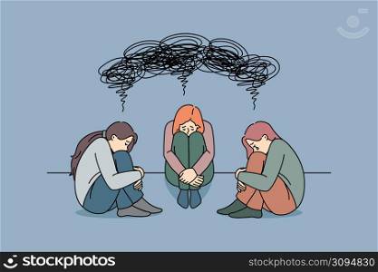 Unhappy women feel stressed sad suffer from mental or psychological problems. Upset desperate girls struggle with depression need psychotherapy or counseling. Vector illustration. . Unhappy women struggle with psychological problems