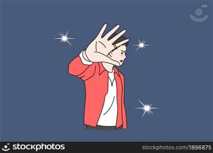 Unhappy young man celebrity annoyed by camera flashes photographers making. Distressed angry male star bothered reporters journalists, make stop hand gesture. Flat vector illustration.. Unhappy man celebrity annoyed by photographer camera flashes