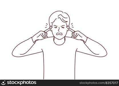 Unhappy young man cover ears suffer from unbearable noise. Upset stressed guy close ears feel bother and annoyed with sound. Vector illustration. . Unhappy man close ears suffer from noise 