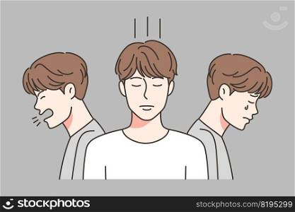 Unhappy young man different face expressions and emotions. Guy suffer from bipolar disorder or mood swing. Anxiety and mental disorder. Vector illustration.. Man having different emotions