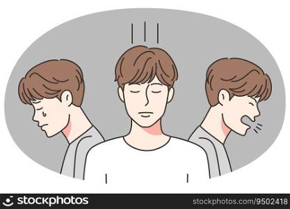 Unhappy young man different face expressions and emotions. Guy suffer from bipolar disorder or mood swing. Anxiety and mental disorder. Vector illustration.. Man having different emotions
