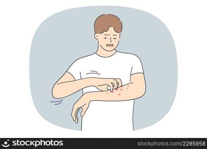 Unhappy young man itch arm skin have red pimples on body need medicine. Guy suffer from allergy or psoriasis feel itchy. Skincare, medicine and healthcare. Flat vector illustration. . Unhappy man suffer from allergy or psoriasis