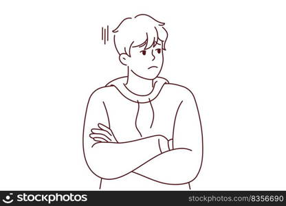 Unhappy young man look aside feeling bored and distressed. Upset millennial guy unsatisfied with news or situation. Stress and loneliness. Vector illustration.. Unhappy man look aside feeling bored