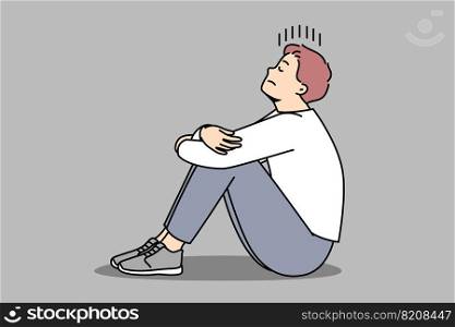Unhappy young man sit on floor suffer from loneliness and repetitive thoughts. Stressed male struggle with depression or anxiety. Vector illustration. . Unhappy man suffer from depression and loneliness 