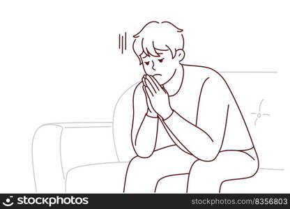 Unhappy young man sit on sofa thinking worrying about life problem. Upset stressed male on couch at home distressed and broken. Vector illustration.. Unhappy man sit on sofa feeling stressed