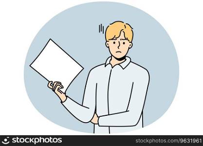 Unhappy young man stand with white paper document. Dissatisfied businessman with paperwork in hands frustrated with results. Vector illustration.. Unhappy man with paperwork in hands