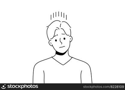 Unhappy young man suffer from repetitive thoughts in head. Upset distressed guy struggle with depression or bad mood. Vector illustration. . Unhappy man suffer from repetitive thoughts 