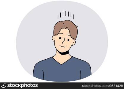 Unhappy young man suffer from repetitive thoughts in head. Upset distressed guy struggle with depression or bad mood. Vector illustration.. Unhappy man suffer from repetitive thoughts