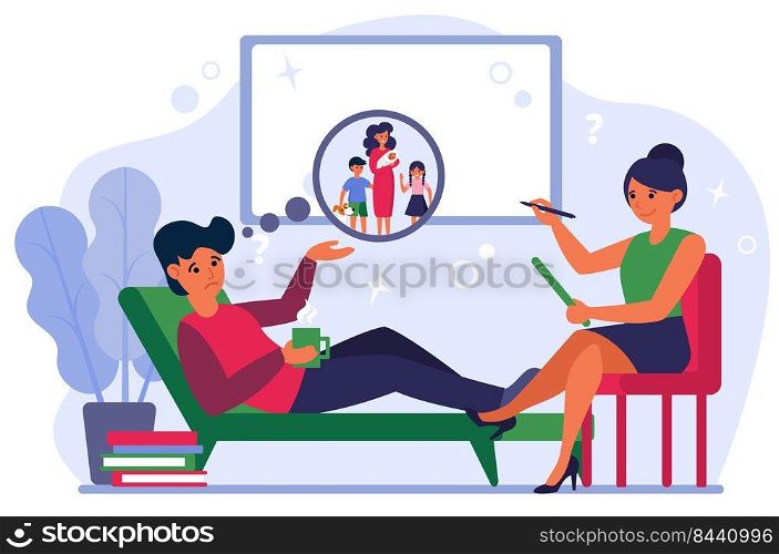 Unhappy young man telling psychologist about his childhood. Consultant, therapy, conversation flat vector illustration. Problem, depression concept for banner, website design or landing web page