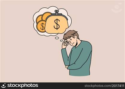 Unhappy young man with speech bubble above think of money struggle with financial problems. Stressed guy consider expenses expenditures. Bankruptcy and debt. Finance. Vector illustration.. Stressed man struggle with financial problems